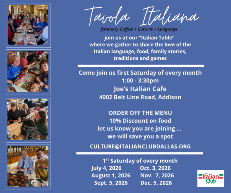 Click here to make a reservation for the next Tavola event - 1st Saturday of the month, 1pm - 3:30pm at Joe's Italian Cafe, Addison